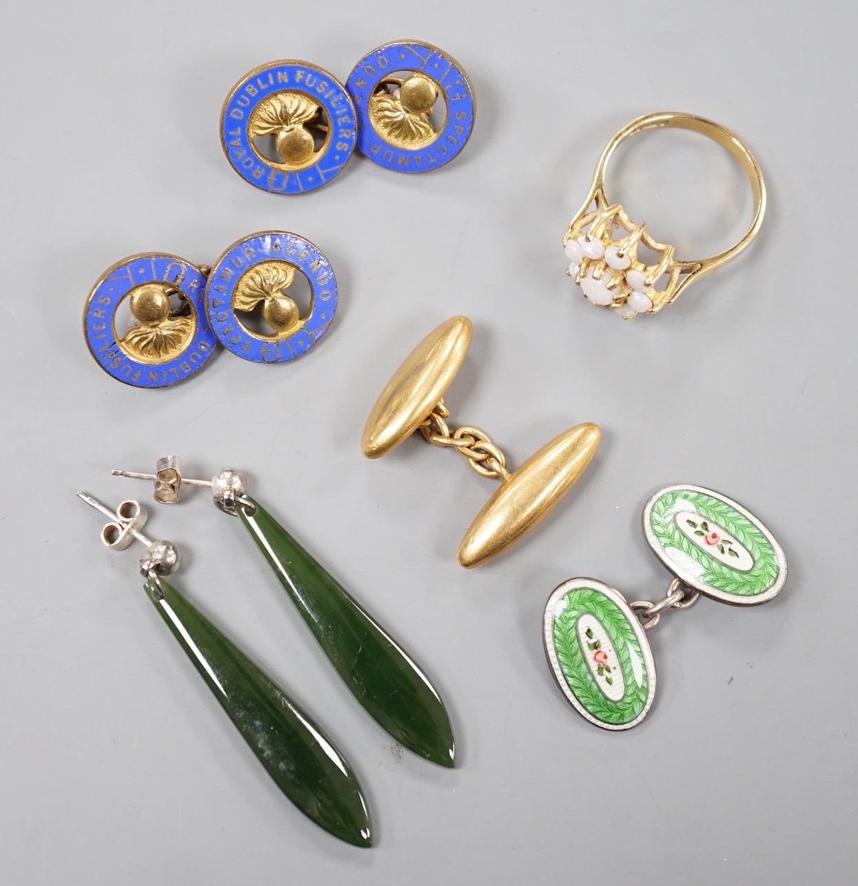 Mixed jewellery including a 9ct gold and opal cluster dress ring, gross 2.8 grams, an 18ct gold cufflink, 3.7 grams and other cufflinks and pair of earrings.